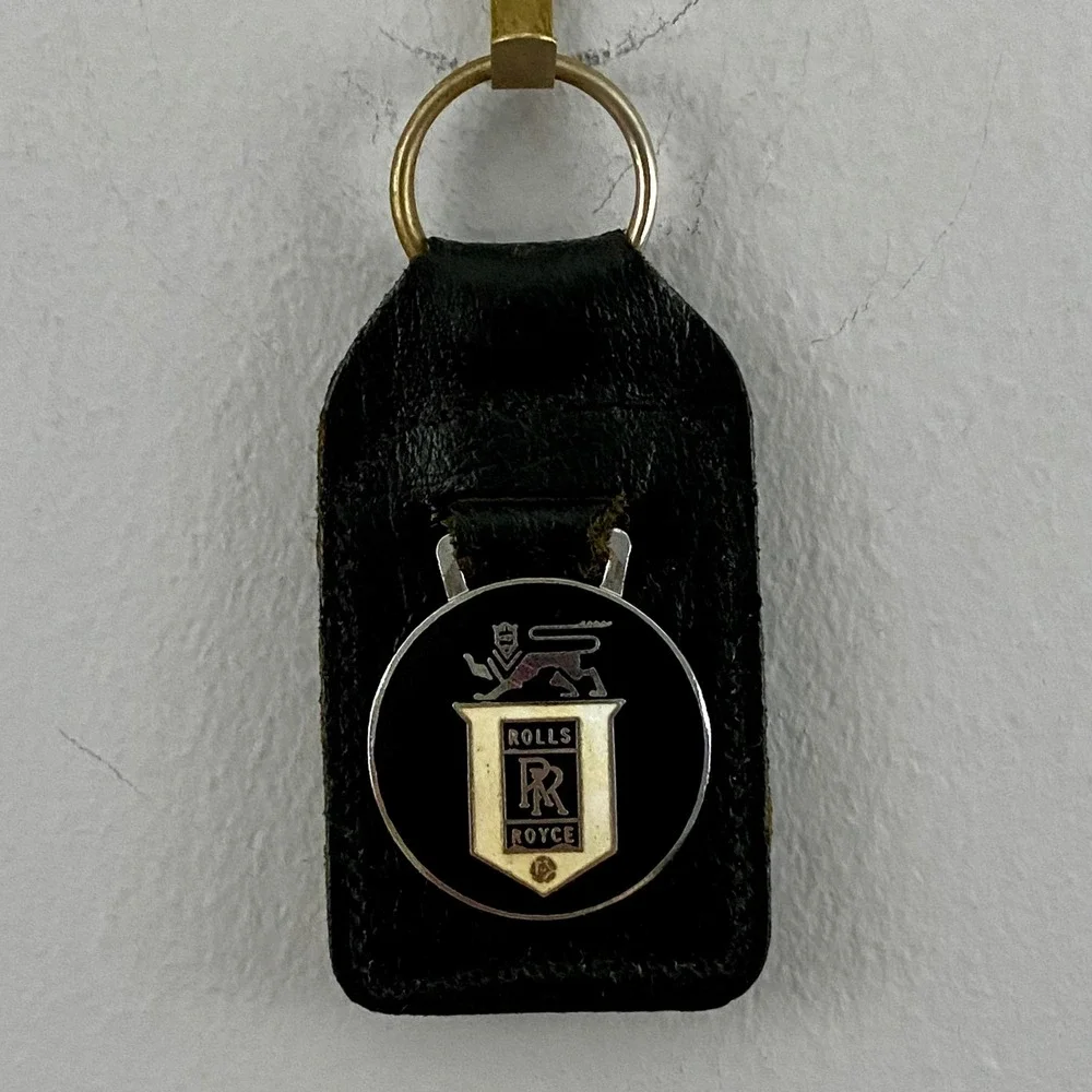 Rolls Royce Vintage 70s Leather Key Fob Men OS Black Enamel Logo Made In England